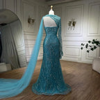 Serene Hill Customized Blue Mermaid High Split Pearls Beaded Evening Dress with Glove Formal Party Gowns For Women 2026 DLA72268