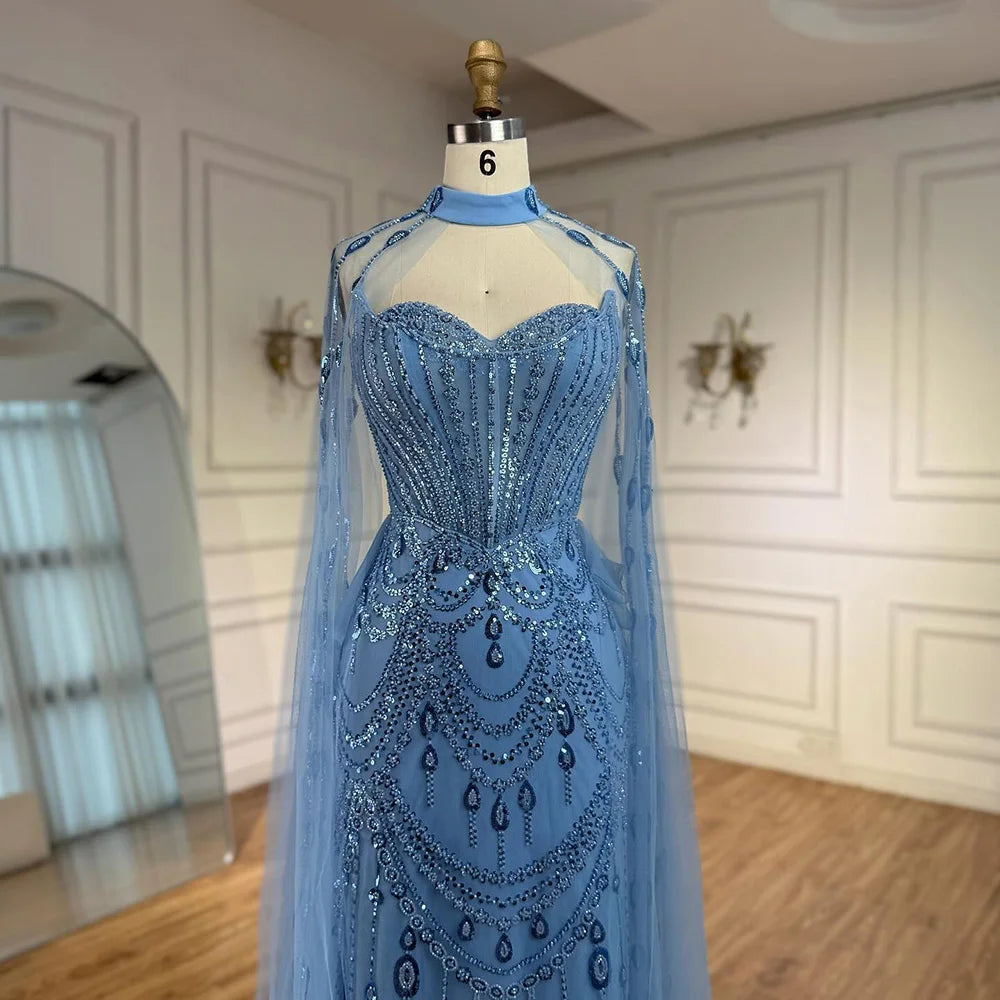 Abito da sera di lusso con paillettes blu, perline e maniche a mantello LA73108
