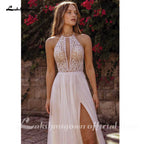Lakshmigown Halter Neck Lace Chiffon Flowy Outdoor Boho Split Side Wedding Dress for Women 2026 Backless Bridal Gown Customized