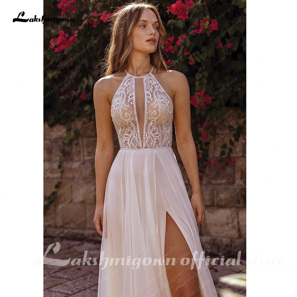 Lakshmigown Halter Neck Lace Chiffon Flowy Outdoor Boho Split Side Wedding Dress for Women 2026 Backless Bridal Gown Customized
