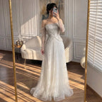 Serene Hill Customized Off Shoulder Long Sleeves A-line Prom Dress for Women Formal Wedding Party Evening Gowns DLA73333