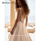 Lakshmigown Beach Wedding Dress Woman Bride Dresses V Neck Sleeveless Lace Applique Side Slit Chiffon A Line Bridal Gown for Lad