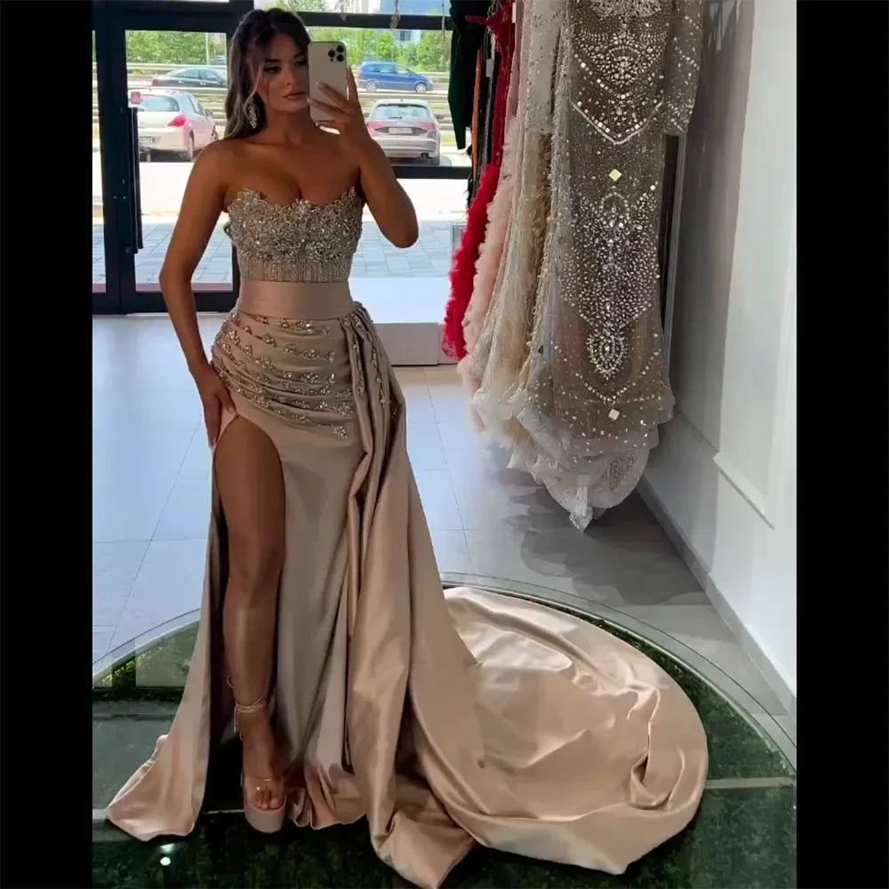 Serene Hill Customized Nude Strapless Mermaid High Split Evening Dresses with Skirt Beaded Party Gowns For Women 2025 DLA72135