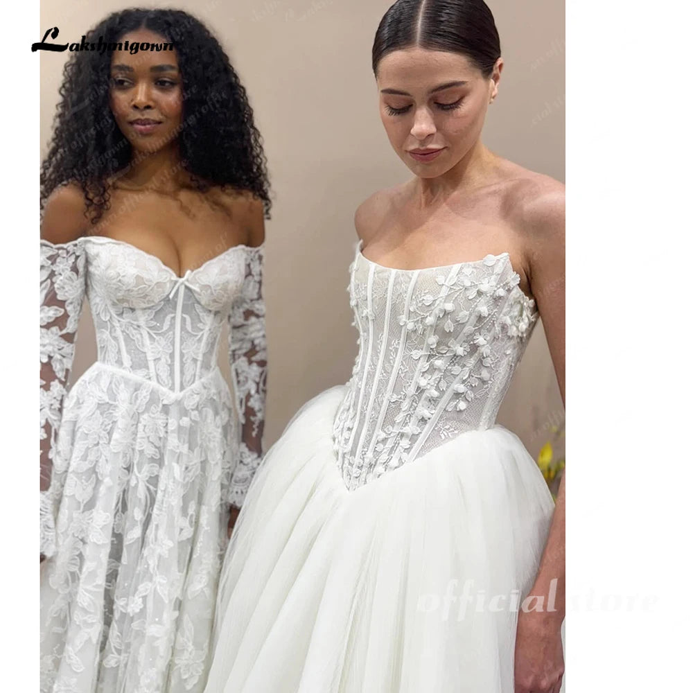 Lakshmigown Strapless 3D Flowers Wedding Gown Back Lace Up Puff Bridal Gown Vestidos De Novia Boda Floor Length Customized
