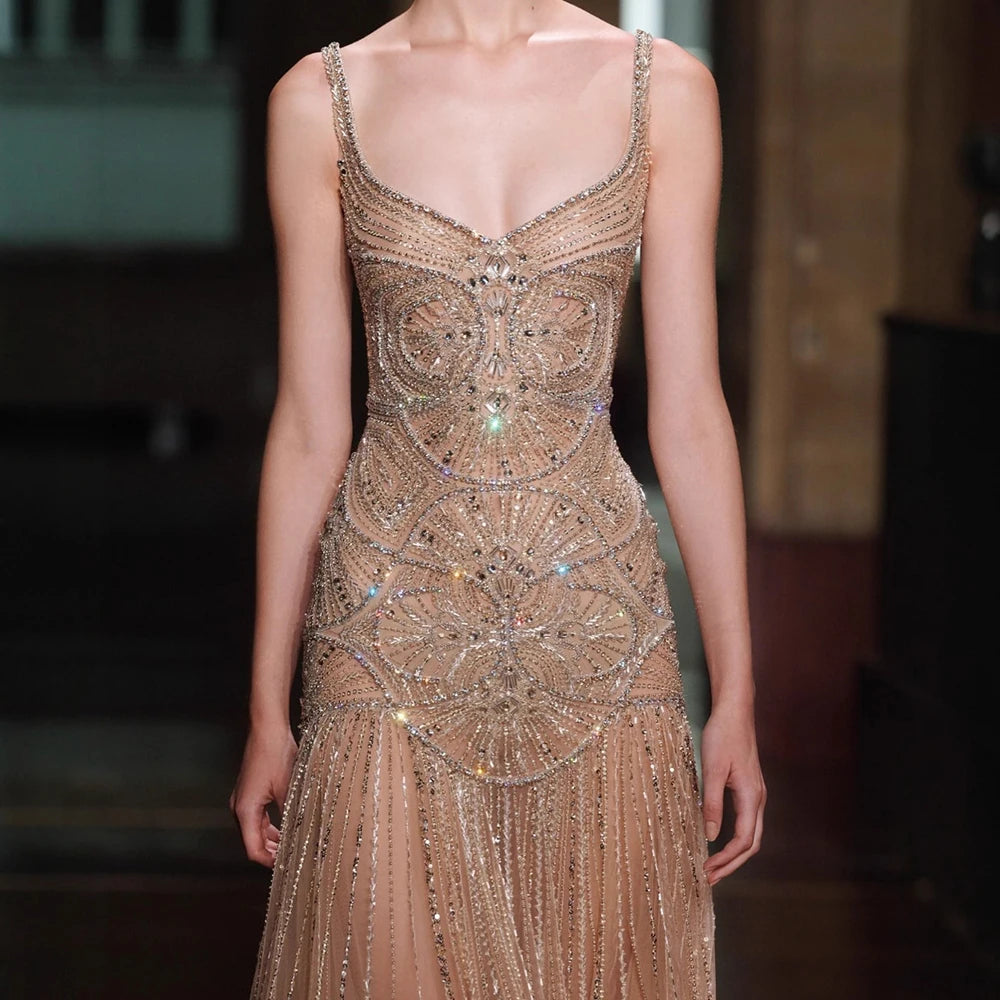 Serene Hill Customized 2026 Nude A-line Beaded Evening Dresses Luxury Party Gowns for Women DLA73189