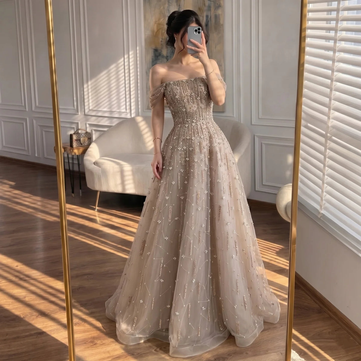 Serene Hill Caramel A-Line Beaded Evening Gown Off Shoulder Formal Party Prom Dress Robe de Soirée 2026 Customized DLA73326