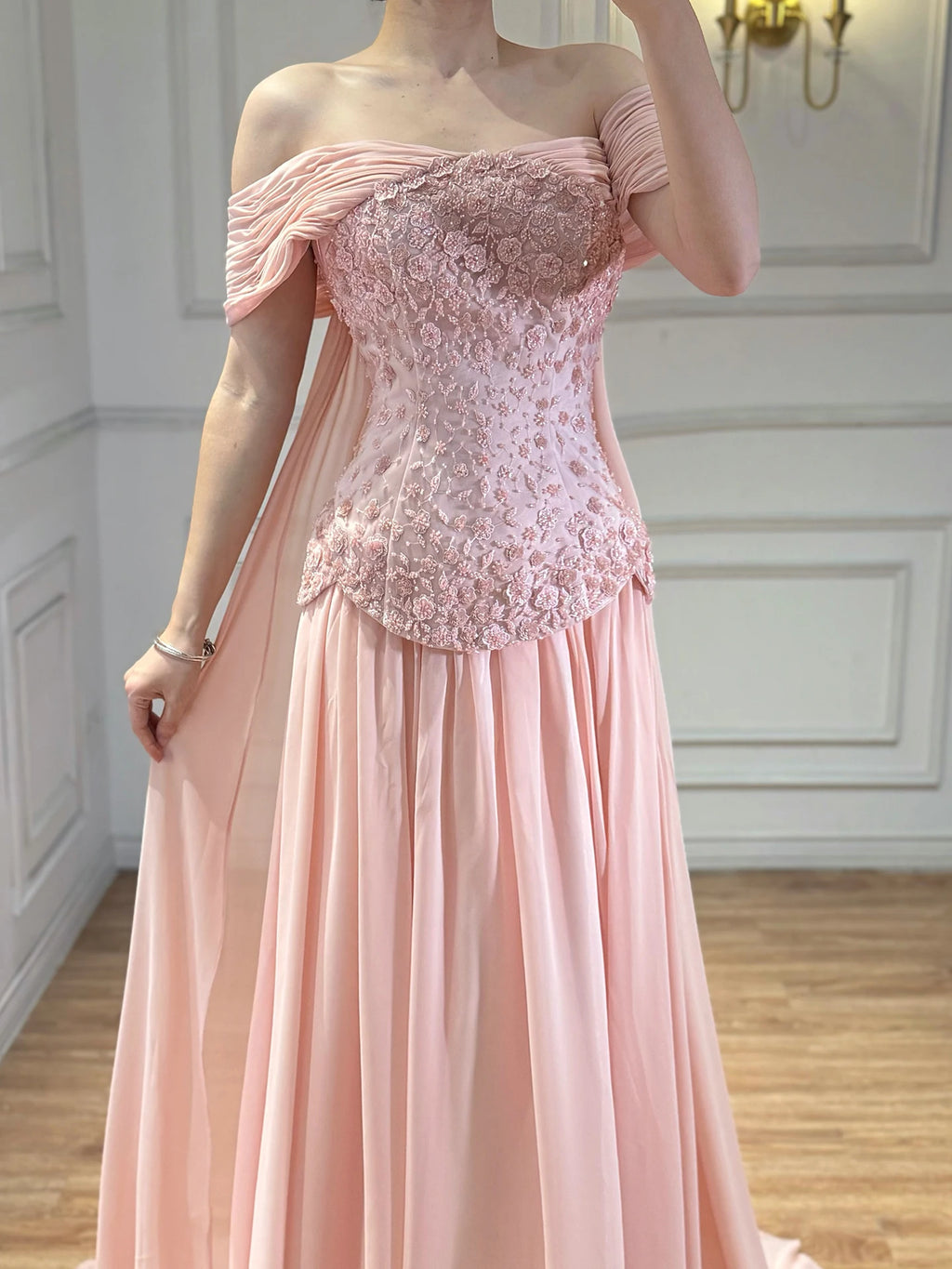 Serene Hill Pink Chiffon Evening Dress 2026 Elegant Off-Shoulder Formal Party Gowns with Cape at the Back Customized DLA73438