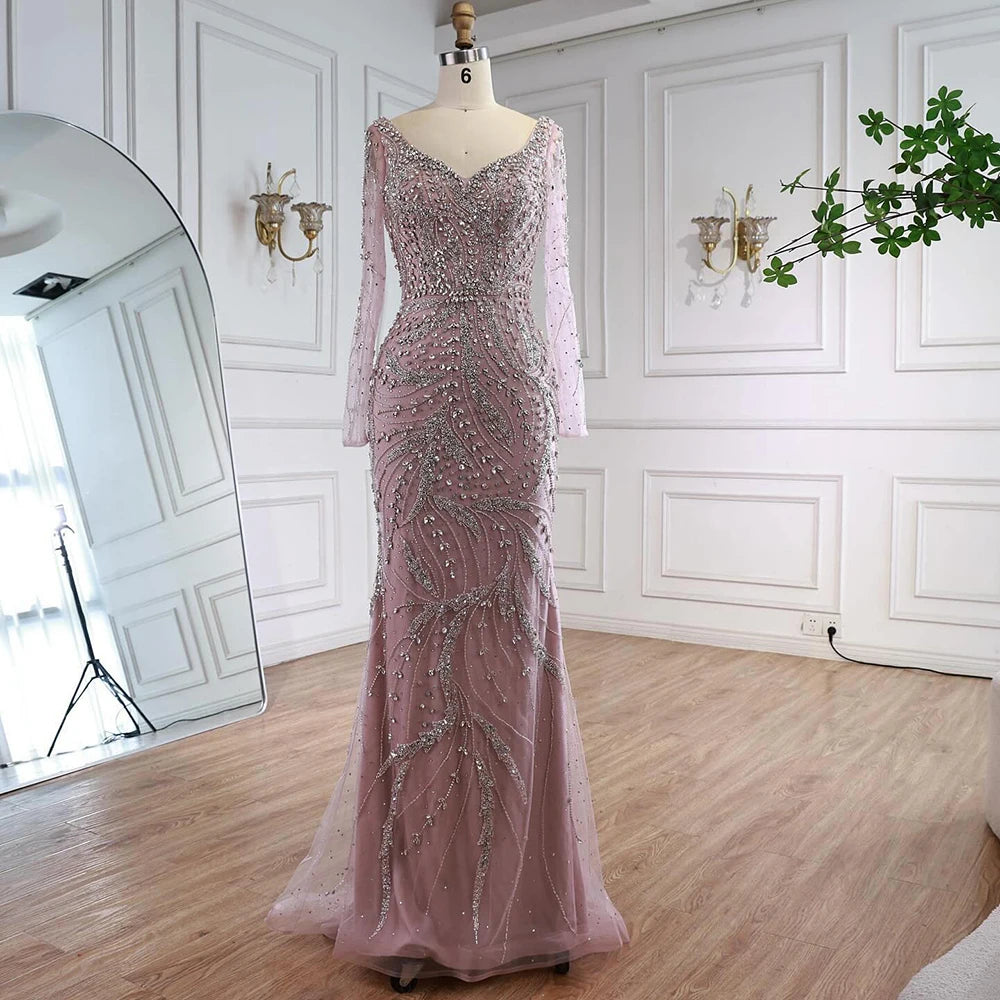 Serene Hill Pink V-neck Long Sleeves Mermaid Luxury Beaded Evening Dress 2026 Wedding Party Gowns DLA73191 Customized