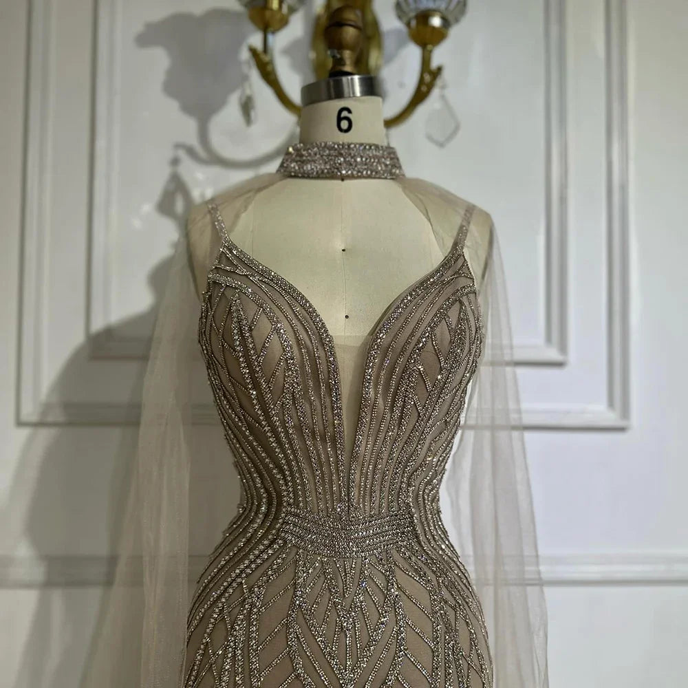 Serene Hill 2025 Customized Dubai Caramel Mermaid Arabic Evening Dresses with Beaded Cape Sleeves for Party DLA72852
