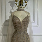 Serene Hill 2025 Customized Dubai Caramel Mermaid Arabic Evening Dresses with Beaded Cape Sleeves for Party DLA72852