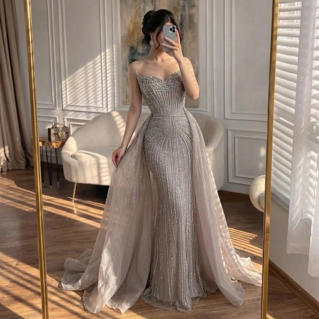 Serene Hill Caramel Beaded Tulle Evening Dress Strapless Sweetheart Formal Party Gown with Over-skirt DLA72811D Customized