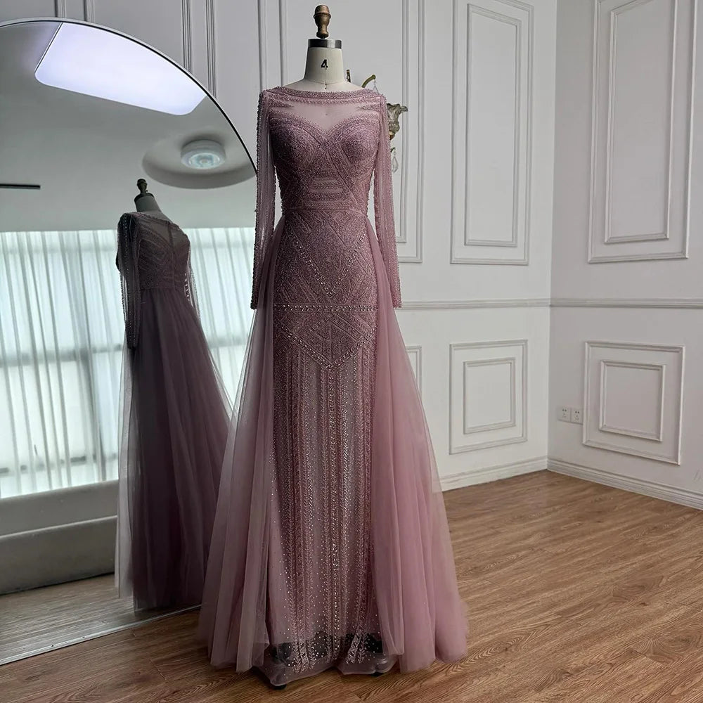 Serene Hill Pink Long Sleeves Mermaid Beaded Evening Dress Formal Party Gowns for Women DLA72967 Customized