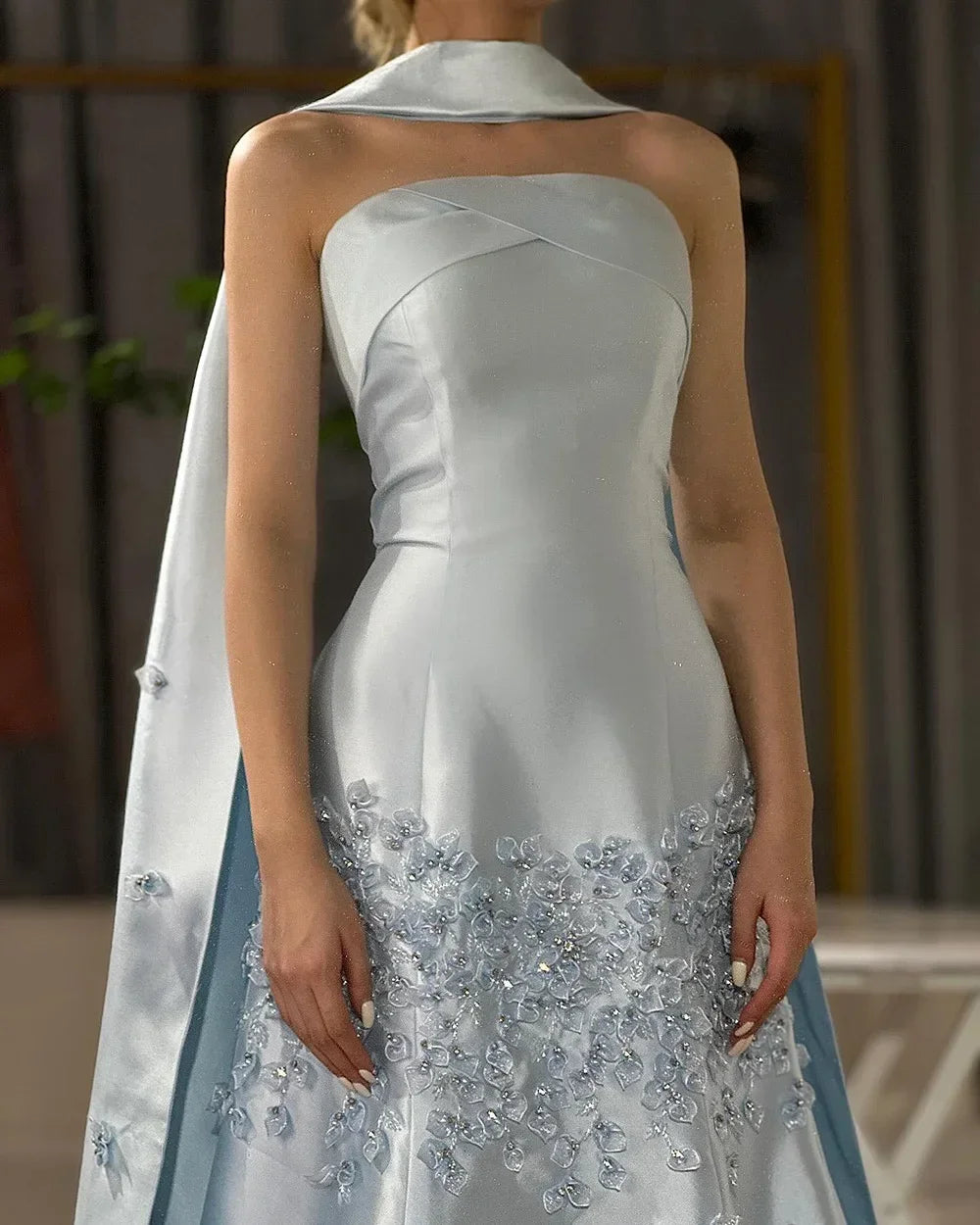 Serene Hil Baby Blue Satin Mermaid Dubai Evening Dress Appliques Formal Party Gowns for Women DLA72483A Customized