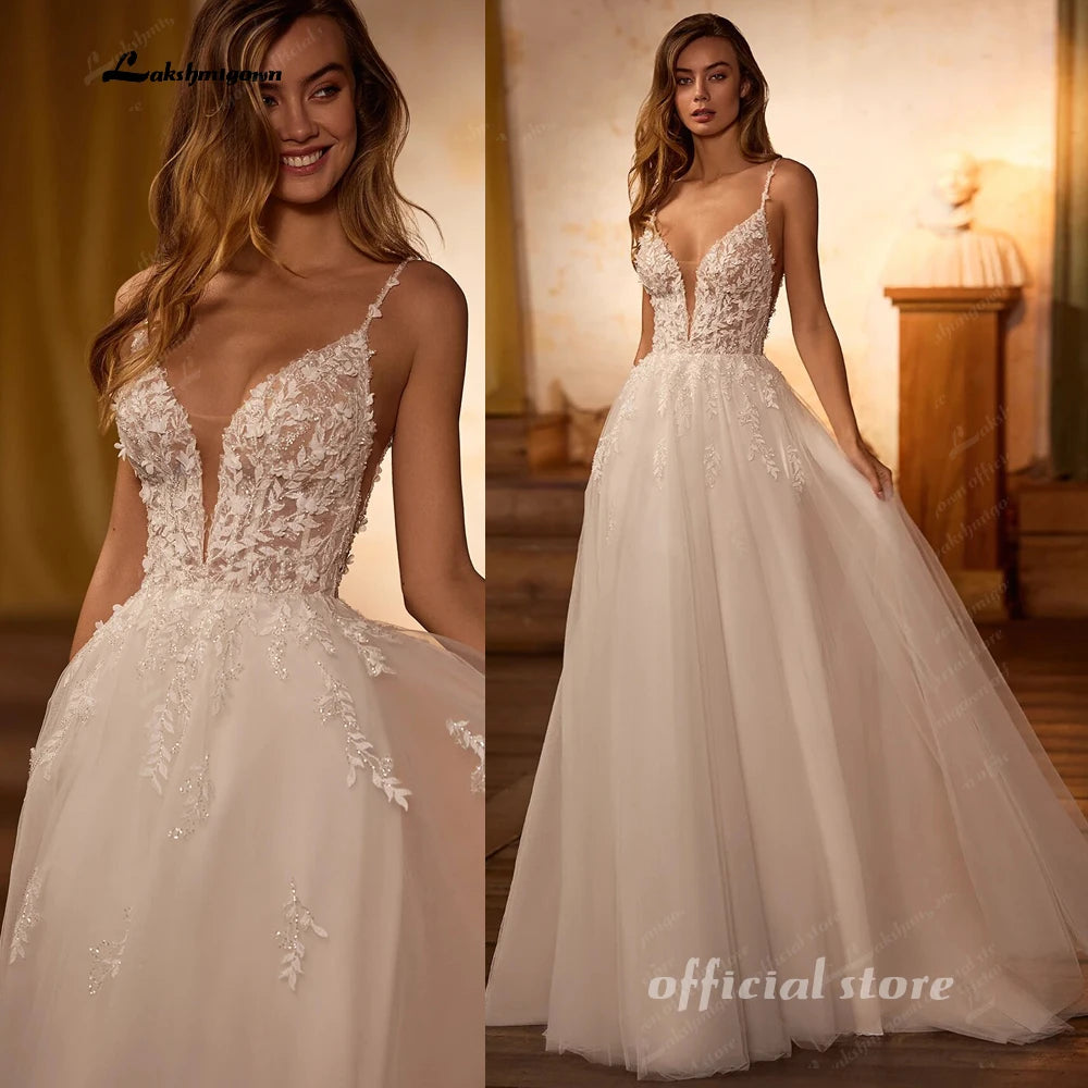 Lakshmigown V Neck Spaghetti Straps Beach Wedding Dresses For Women 2026 Beads Lace Shinny Boho Bridal Party Gown Customized