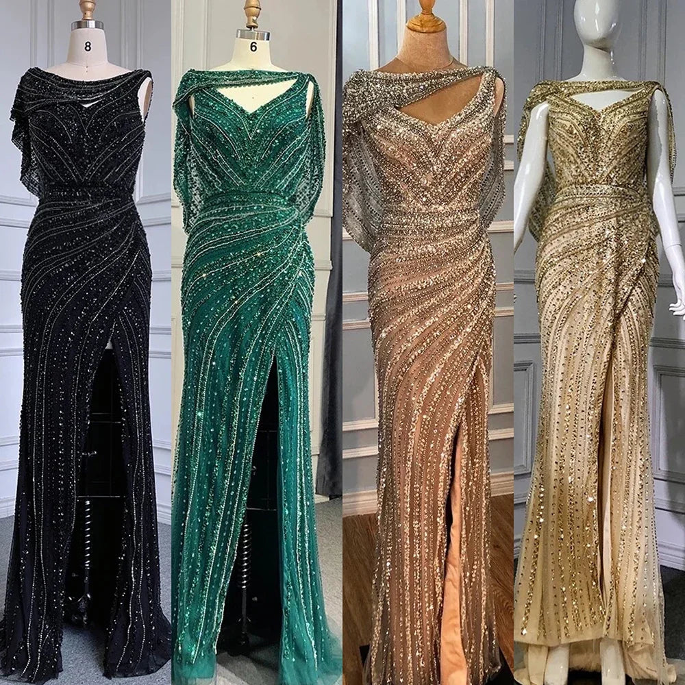 Serene Hill Customized Silver Nude Beaded Mermaid Evening Dresses 2025 Elegant Party Gowns For Women Wedding DLA70752