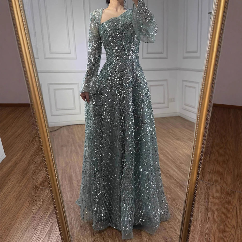 Serene Hill Turquoise Long Sleeves A Line Pearls Beaded Evening Dresses Elegant Party Gowns for Women DLA73177 Customized