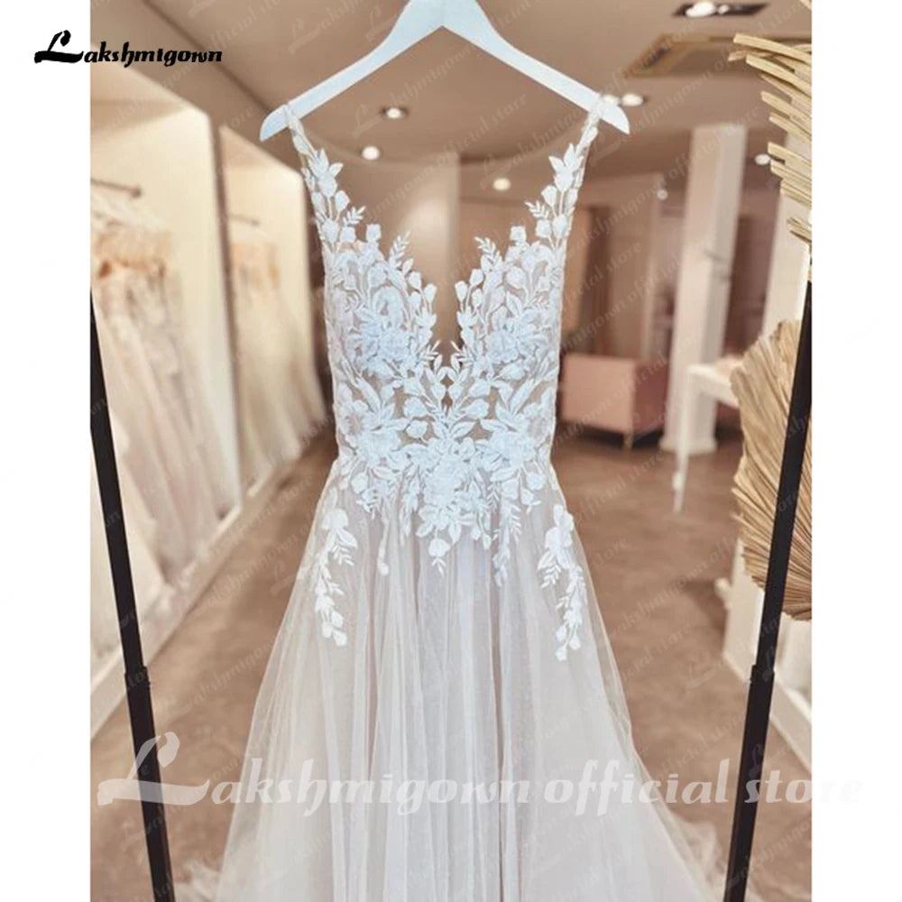 Lakshmigown Illusion Wedding Dress Sleeveless Backless O-Neck Bride Dress See Through Appliques Formal Robe De Marie