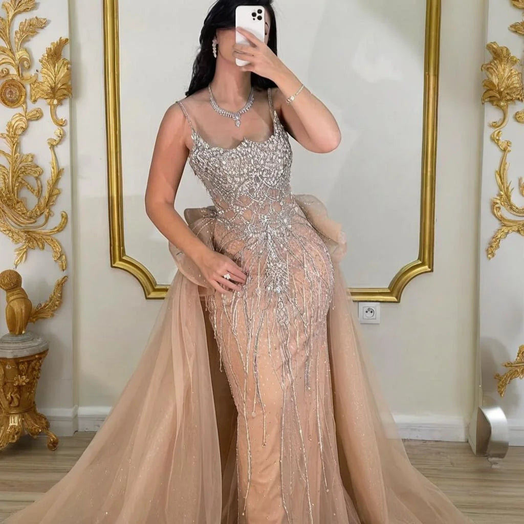 Serene Hill Pink Spaghetti Strap Mermaid Beaded Evening Dresses with Overskirt Formal Party Gowns for Women DLA72810 Customized