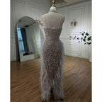 Serene Hill Customized White Nude Mermaid Beaded Feather Evening Gowns 2026 Wedding Party Prom Dresses For Women DLA72047
