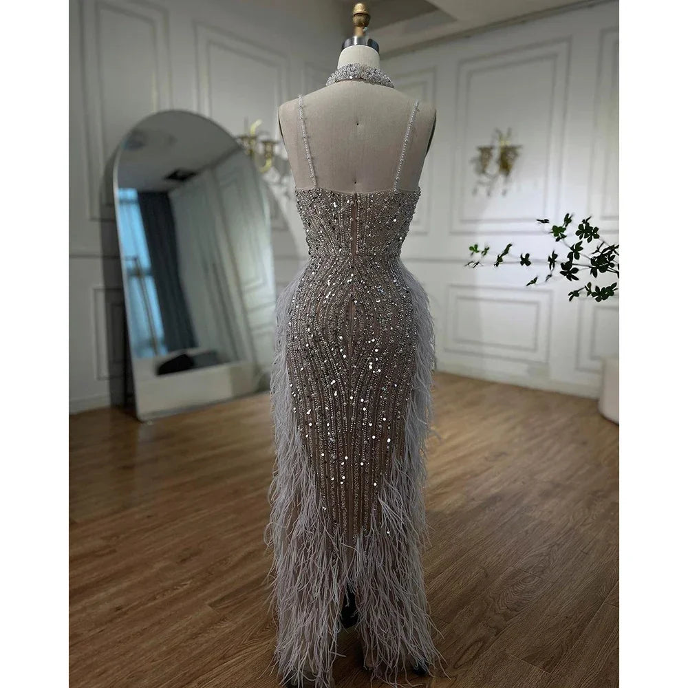 Serene Hill Customized White Nude Mermaid Beaded Feather Evening Gowns 2026 Wedding Party Prom Dresses For Women DLA72047