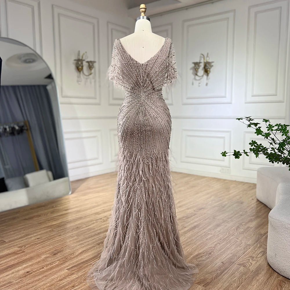 Serene Hill Brown Mermaid Beaded Feathers Evening Dresses Elegant Party Gowns for Women DLA71323 Customized