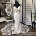 Lakshmigown Luxurious Lace Mermaid Wedding Dresses Deep V-Neck Applique Train Bodycon Bridal Gown Spaghetti Straps Customized