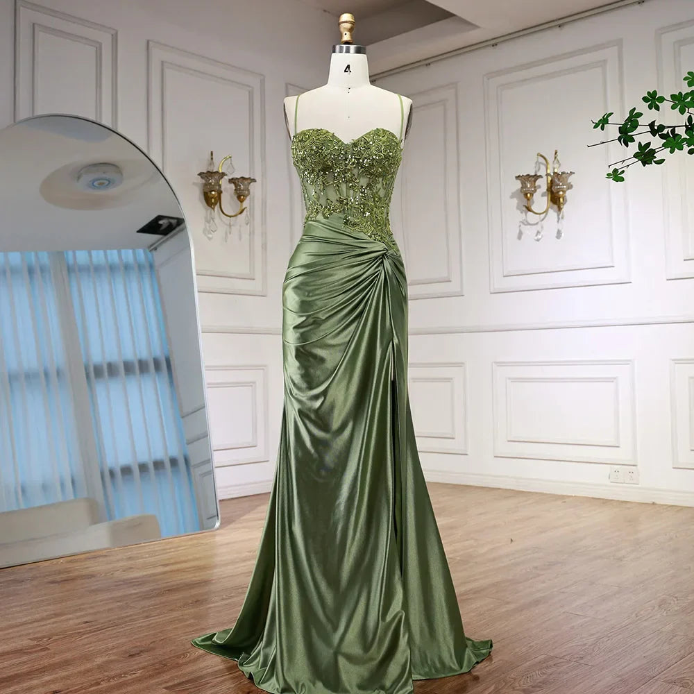 Abito da Ballo in Satin Verde Salvia di Lusso con Spacco LA73032