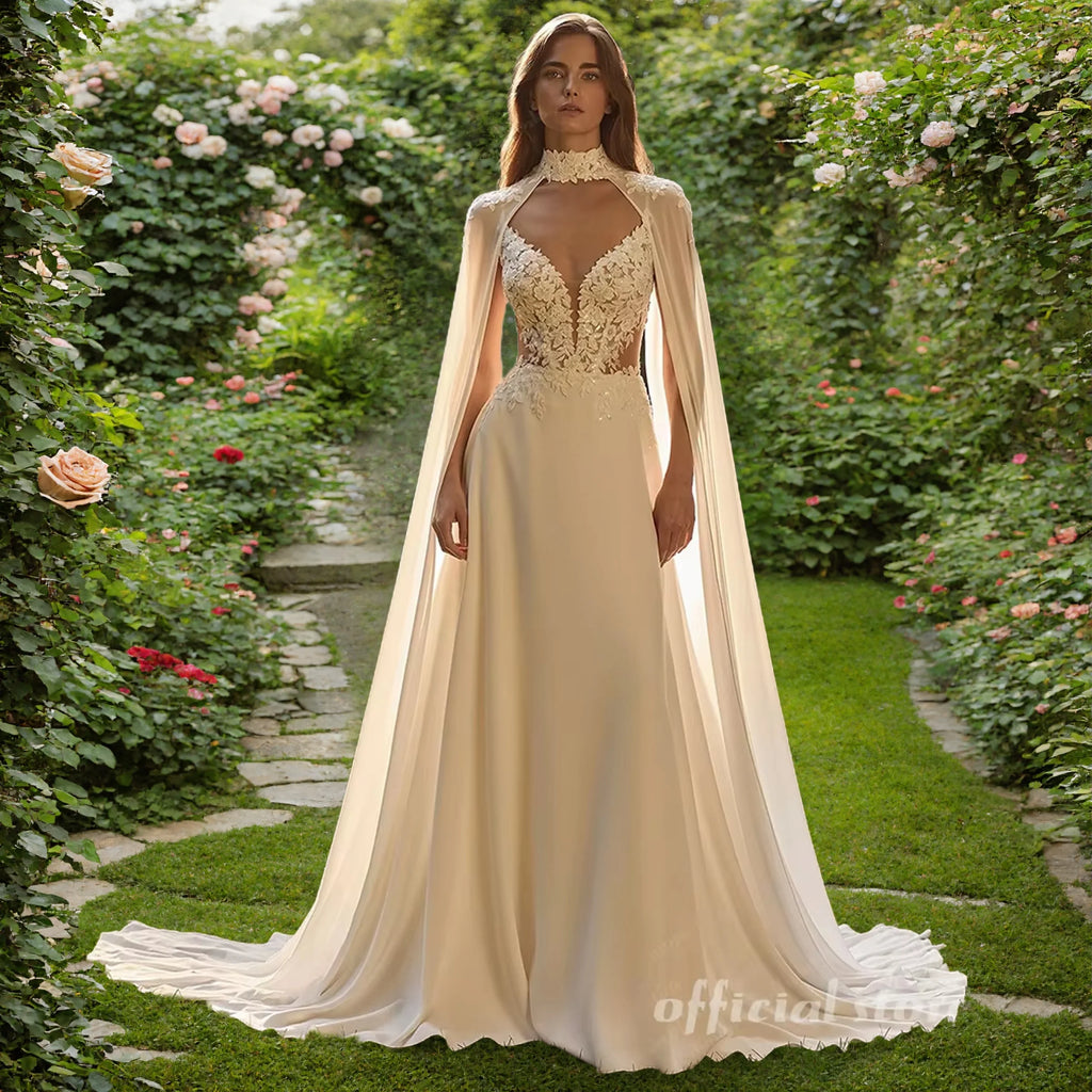 Lakshmigown Bohemian Wedding Dress A Line with Detachable Cape Boho Lace V Neck Crepe Open Back Bridal Dresses Woman Customized