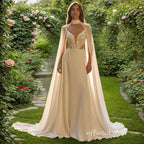 Lakshmigown Bohemian Wedding Dress A Line with Detachable Cape Boho Lace V Neck Crepe Open Back Bridal Dresses Woman Customized