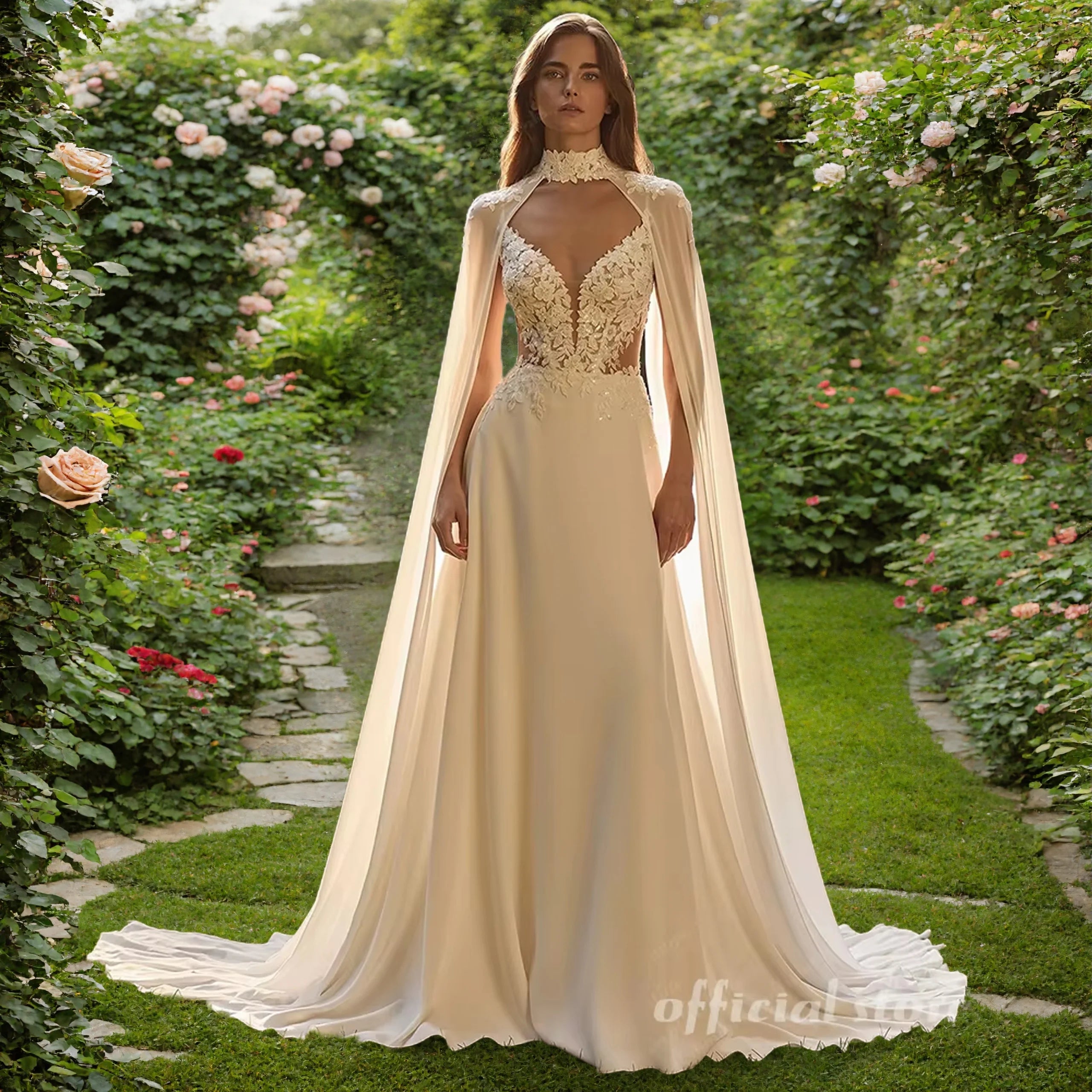 Lakshmigown Bohemian Wedding Dress A Line with Detachable Cape Boho Lace V Neck Crepe Open Back Bridal Dresses Woman Customized