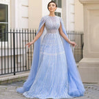 Customized 2025 Muslim A-Line Blue Beaded Elegant Evening Dresses With Cape Sleeves For Wedding Occasion DLA72666