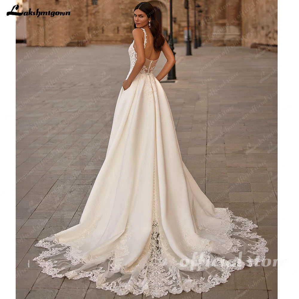 Lakshmigown Satin Wedding Dress Beach Summer 2025 Vestidos Elegant Long Bridal Gowns Lace Appliques Customized