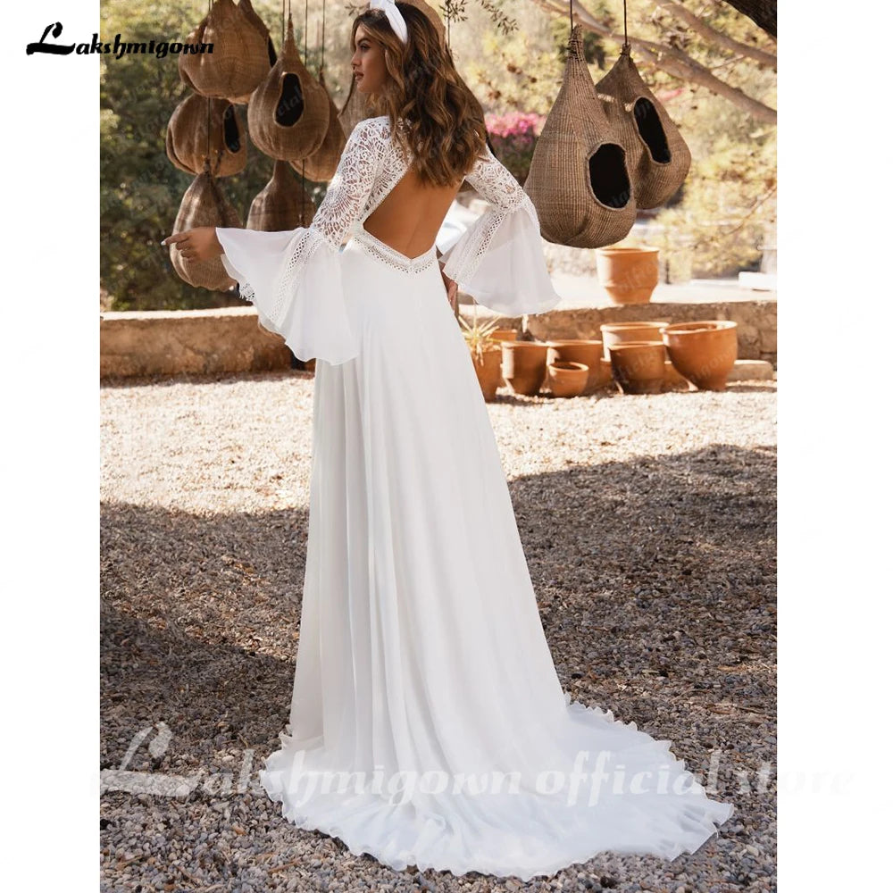 Lakshmigown Bohemian Wedding Dresses 2026 Flare Sleeve Boat Neck Lace Backless Chiffon A Line Boho Bridal Gown