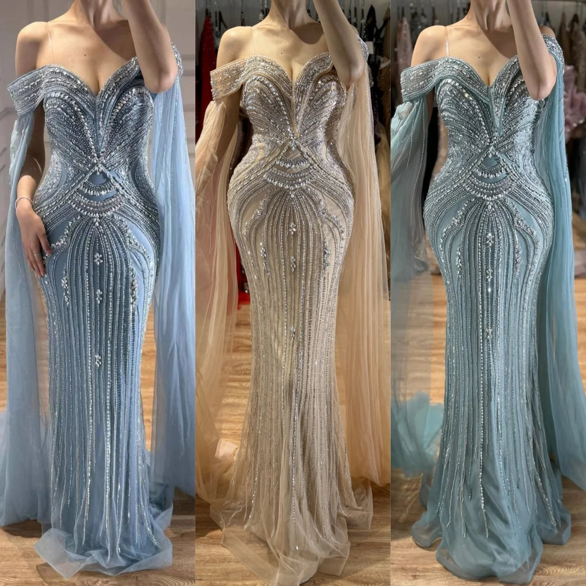 Serene Hill Dusty Blue Off-Shoulder Evening Dress Heavy Beaded Mermaid Party Gown with Elegant Cape Sleeves Customized DLA73151