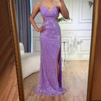 Vestido de Gala Luxuoso Roxo com Lantejoulas, Fenda Lateral e Cintura Recortada LA73000