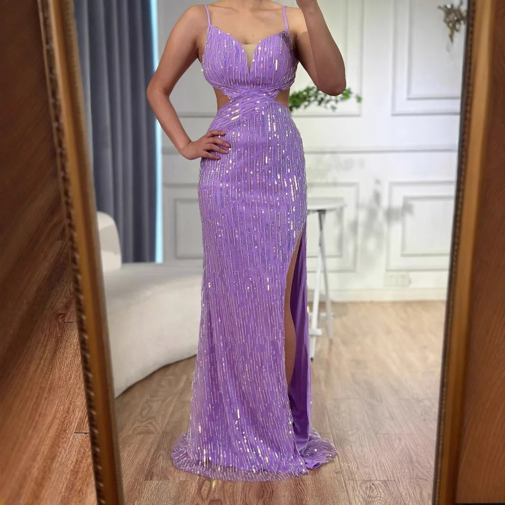 Abito da Sera con Scollo e Vita Traforata in Paillettes Lussuose Viola LA73000