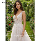 Lakshmigown A Line Plunging V Neck Wedding Dress with Flowy Tulle Skirt for Bridal Reception Elopement Outdoor Street