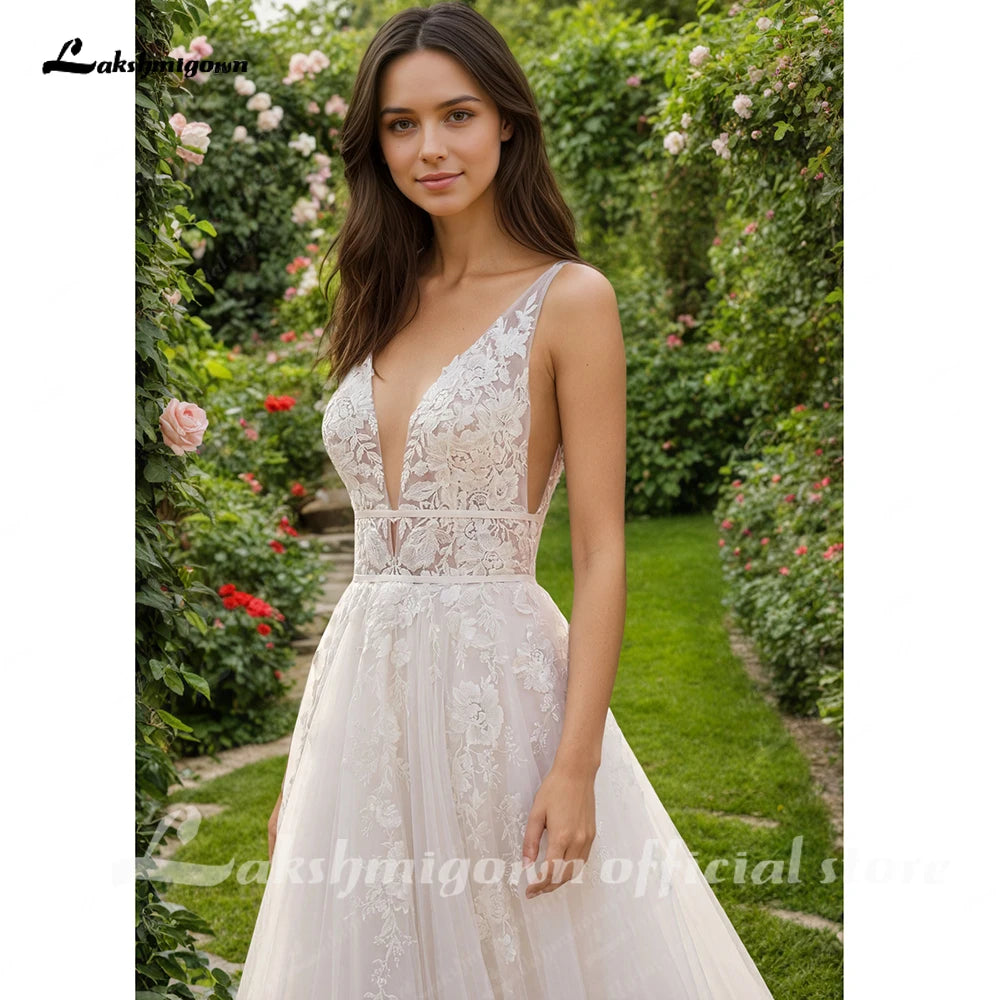 Lakshmigown A Line Plunging V Neck Wedding Dress with Flowy Tulle Skirt for Bridal Reception Elopement Outdoor Street