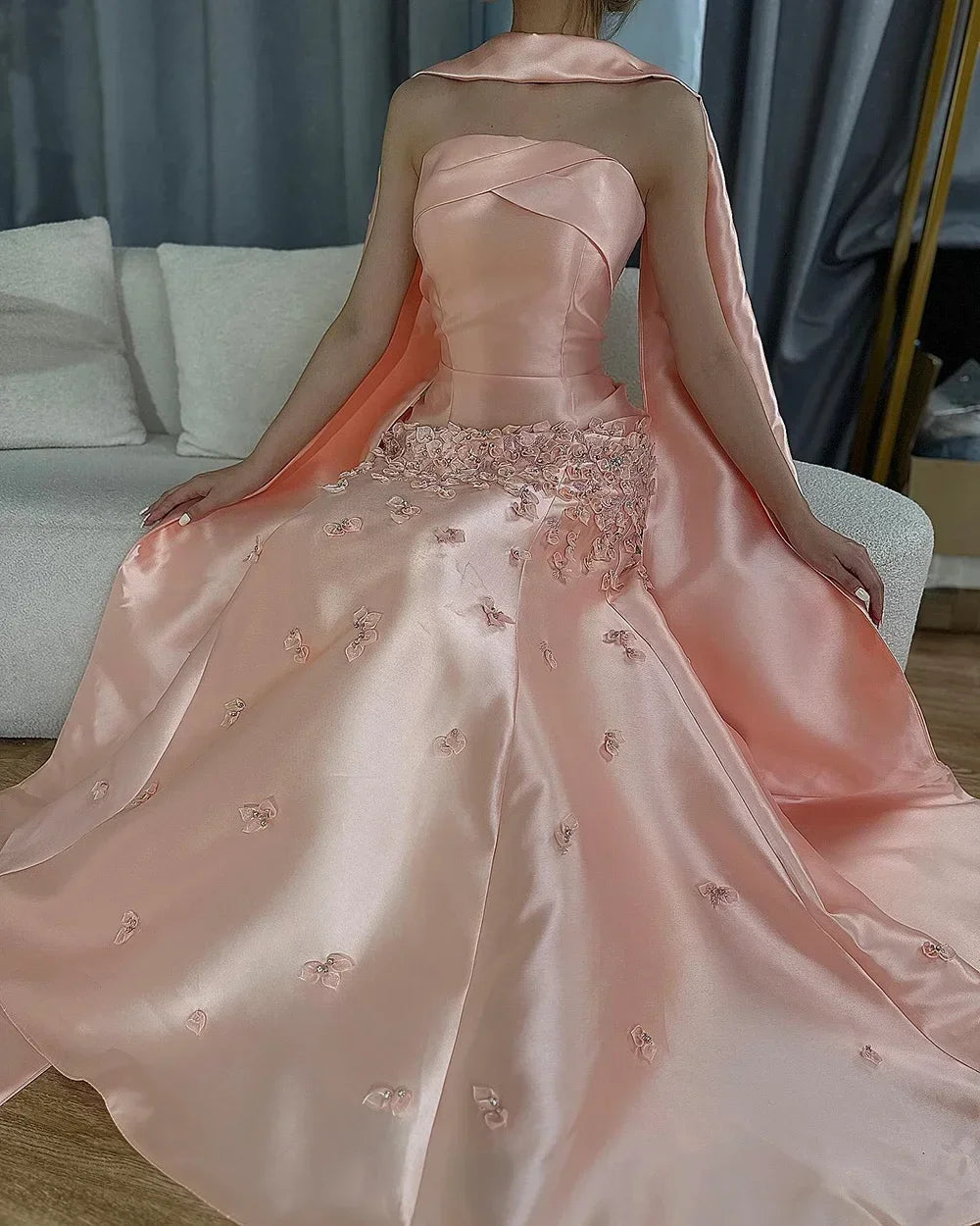 Serene Hil Baby Blue Satin Mermaid Dubai Evening Dress Appliques Formal Party Gowns for Women DLA72483A Customized