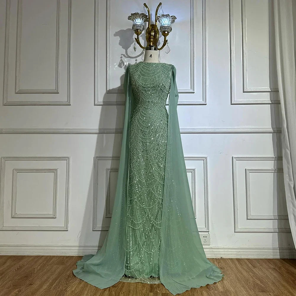 Elegant Dubai Sage Green Mermaid Evening Dress with Cape Sleeves Beaded Formal Gown Serene Hill 2025 Customized DLA72160A