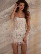 Lakshmigown Short Mini Feathered Wedding Dress Sparkly Reception Customized Strapless Bridal Gown No Gloves New Arrival Bride We