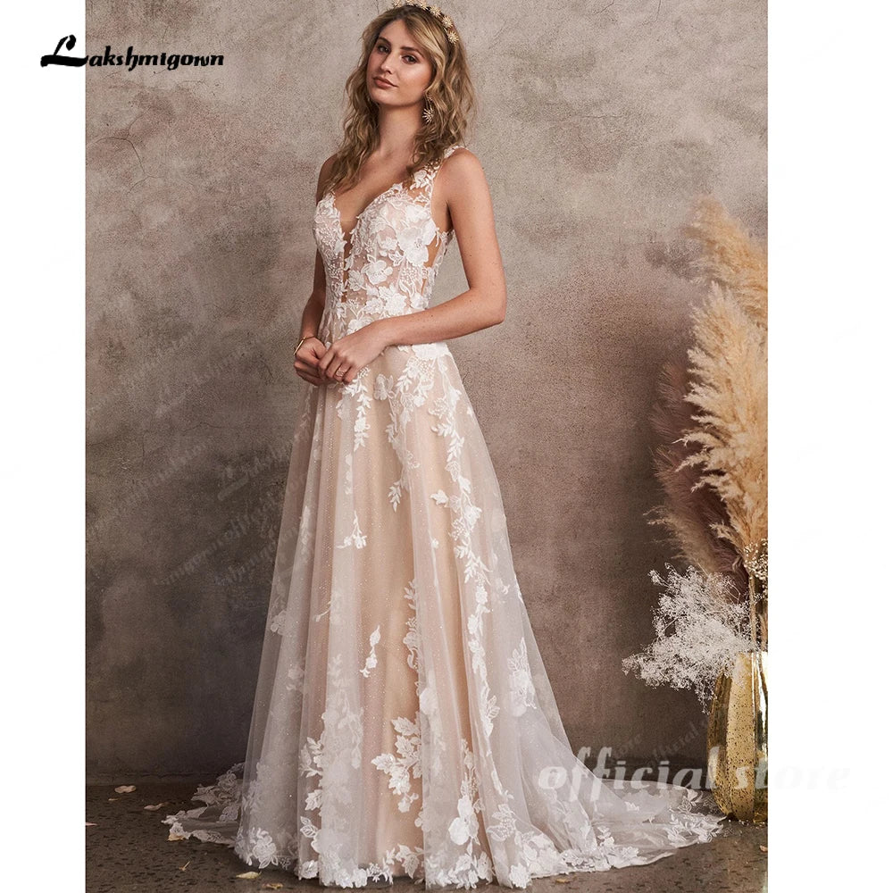 Nightbubo Champagne A-Line Wedding Dresses Appliques V-neck Backless Robe Mariee Boho Lace Bridal Gowns  Customized