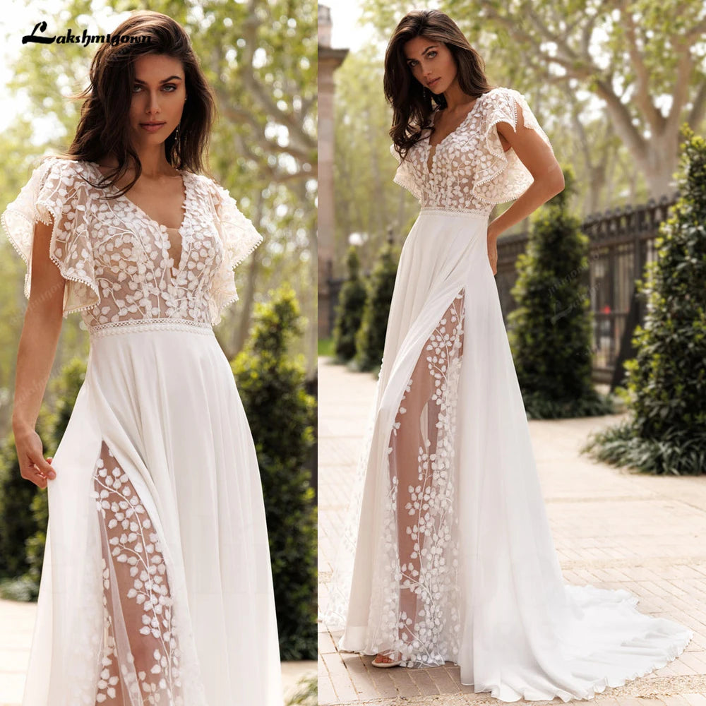Lakshmigown Summer Boho Wedding Dresses Beach Lace High Slit Bride Dresses V Neck Wedding Gowns Short Sleeves Customized