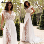 Lakshmigown Summer Boho Wedding Dresses Beach Lace High Slit Bride Dresses V Neck Wedding Gowns Short Sleeves Customized
