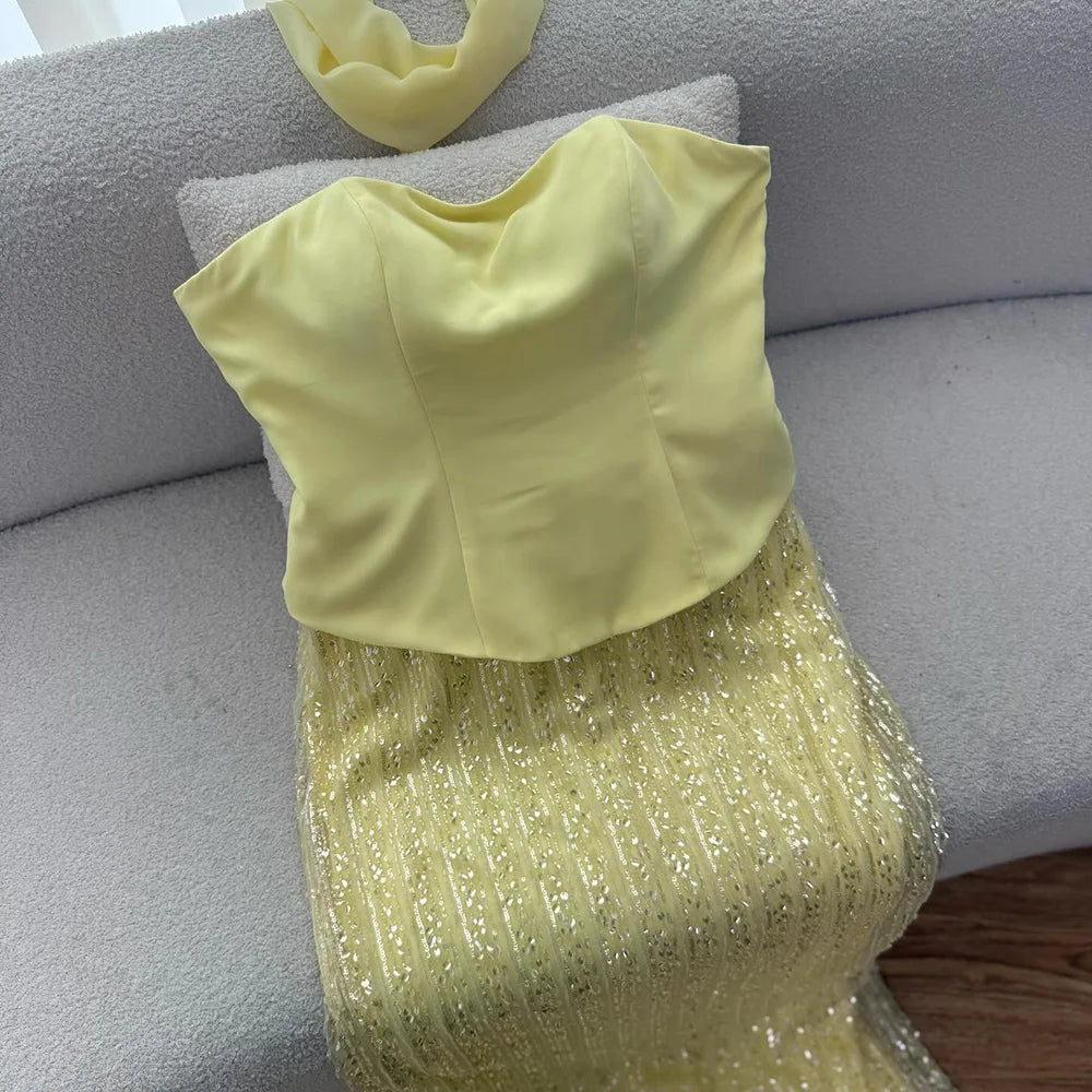 Vestido de Noite de Sereia em Chiffão Amarelo de Luxo com Capa LA73007