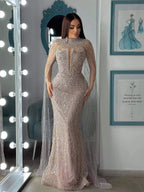 Abito da Sera di Lusso Perle Nude Abito Ricamato con Cristalli e Strascico in Tulle LA72189A