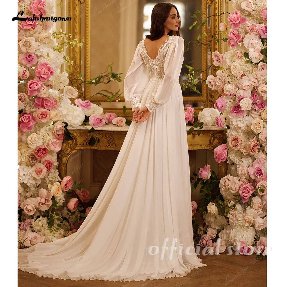 Lakshmigown Chic Chiffon Beach Wedding Dress for Women V-neck Puff Sleeves A-line High Slit Vestidos De Novia Customized