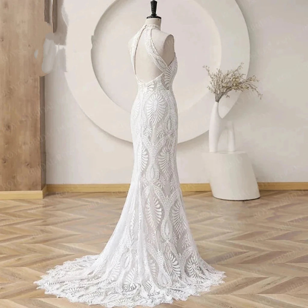Lakshmigown Bohemian Wedding Dress for bride 2026 Halter Lace Boho Backless Beach Wedding Gown Vestido de novia Customized