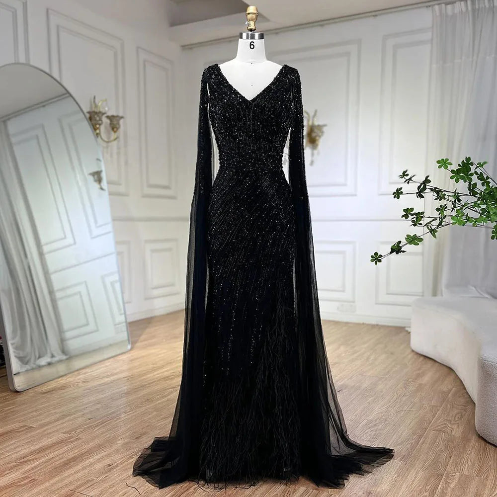 Serene Hill Black Mermaid Cape Sleeves Feathers Beaded Evening Dresses Party Gowns with Split for Women DLA72216 Customized
