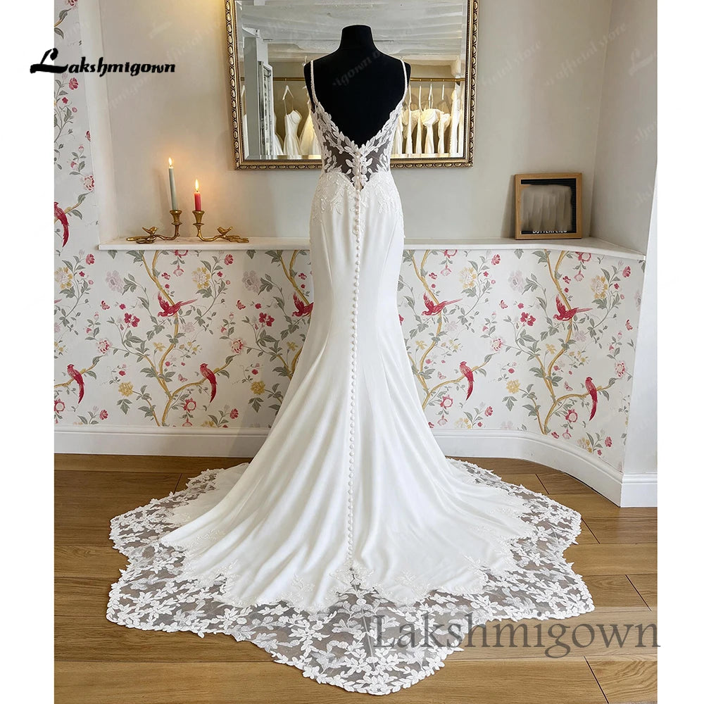 Lakshmigown Spaghetti Strap Sweetheart Mermaid Wedding Dress Lace Satin Bridal Gown With Cathedral Lace Train Customized